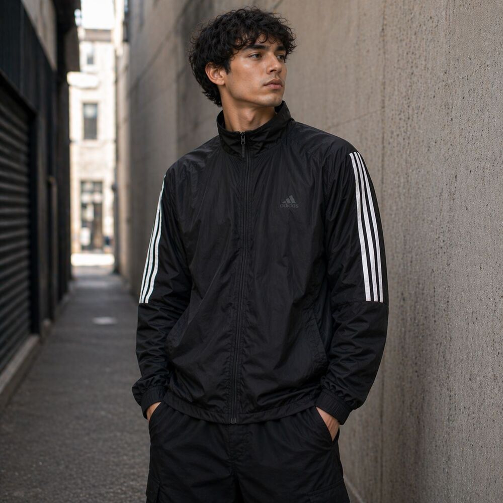 Adidas Track Jacket Mens Large Black 3 Stripe Y2K Streetwear Pullover Jacket
